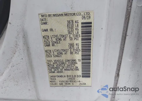 2020 Nissan Nv Cargo Nv1500 Sv Standard Roof V6 из США, поврежденный, VIN 1N6BF0KM8LN801030